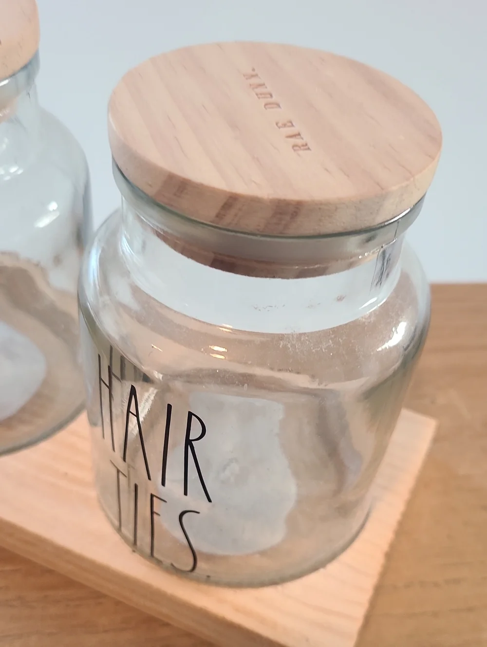 Rae Dunn Clear Glass Bathroom Jars with Natural Wood Lids